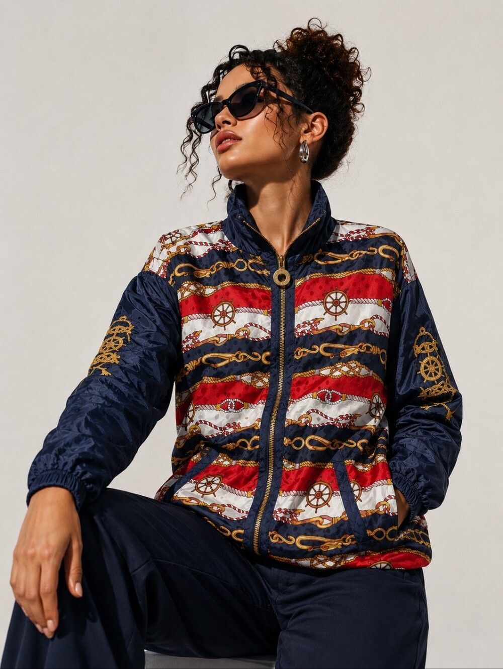 Women's Size Large 100% Silk Lining Nautical Zip Jacket